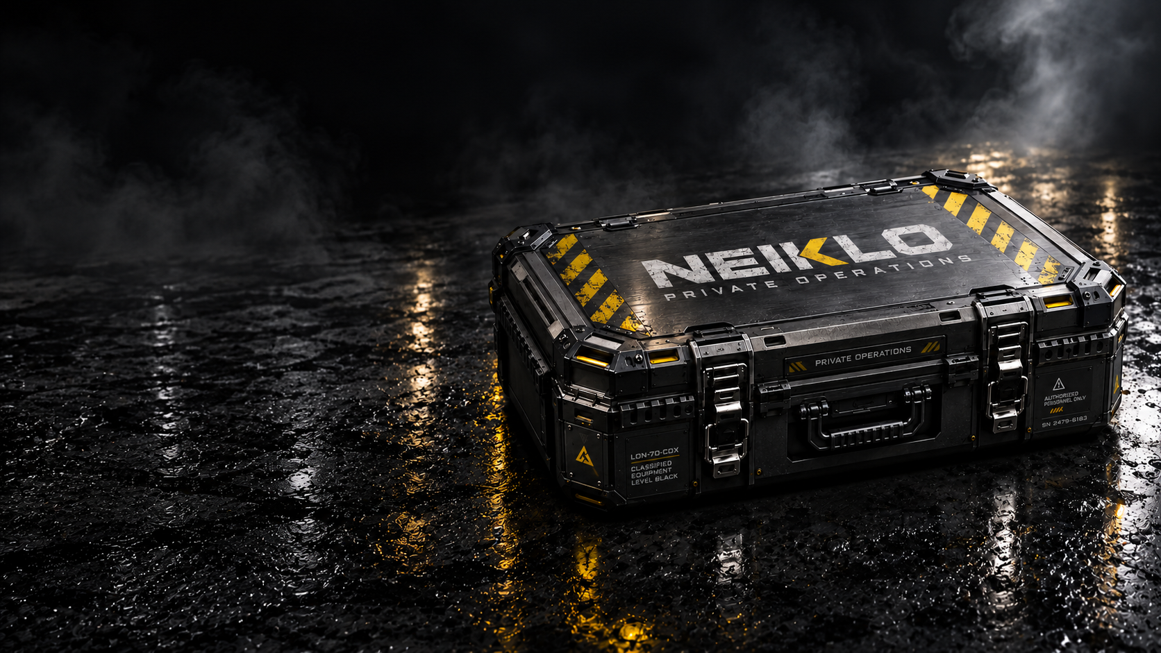 A black NEIKLO Private Operations case with yellow markings and reinforced metal latches